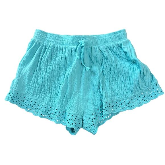 Zara Kids Girl Size 10 CM 140 Blue Light Bright‎ Turquoise Blue Eyelet Shorts - Picture 1 of 7